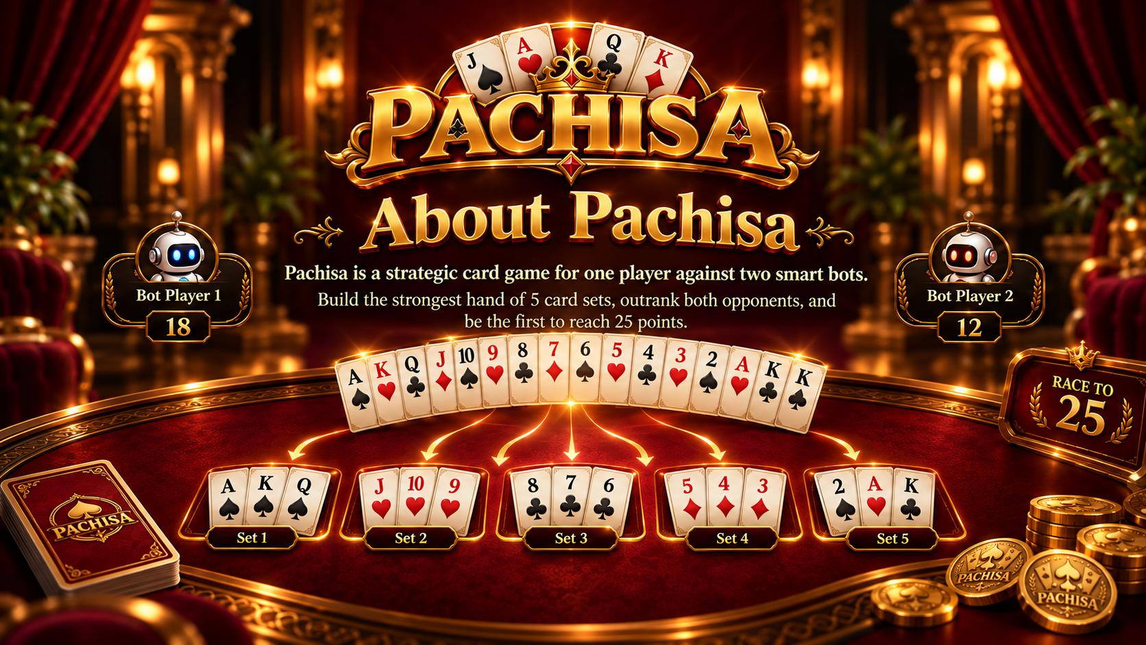 Pachisa game overview showing two bot opponents, seventeen cards, five three-card sets, and a race to twenty-five points