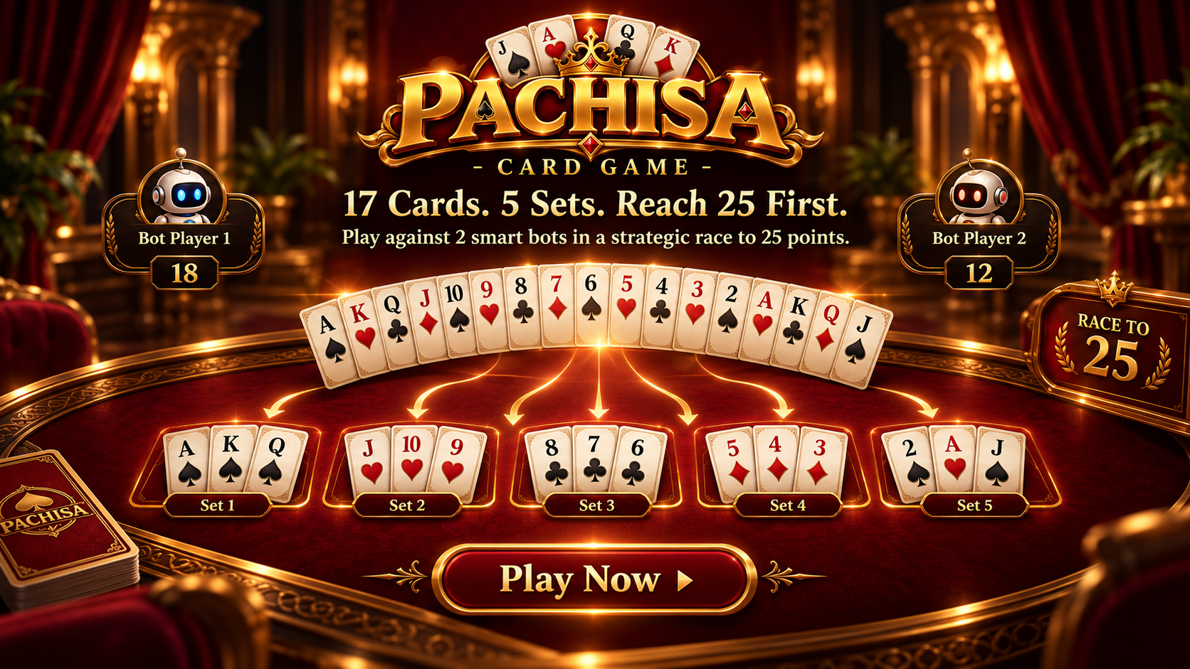 Pachisa download artwork showing seventeen cards, five sets, two bots, and a race to twenty-five points
