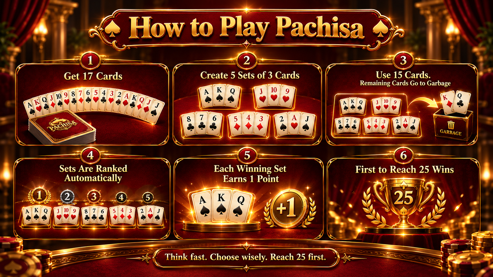 Six illustrated steps from receiving seventeen cards to forming five sets, scoring points, and reaching twenty-five
